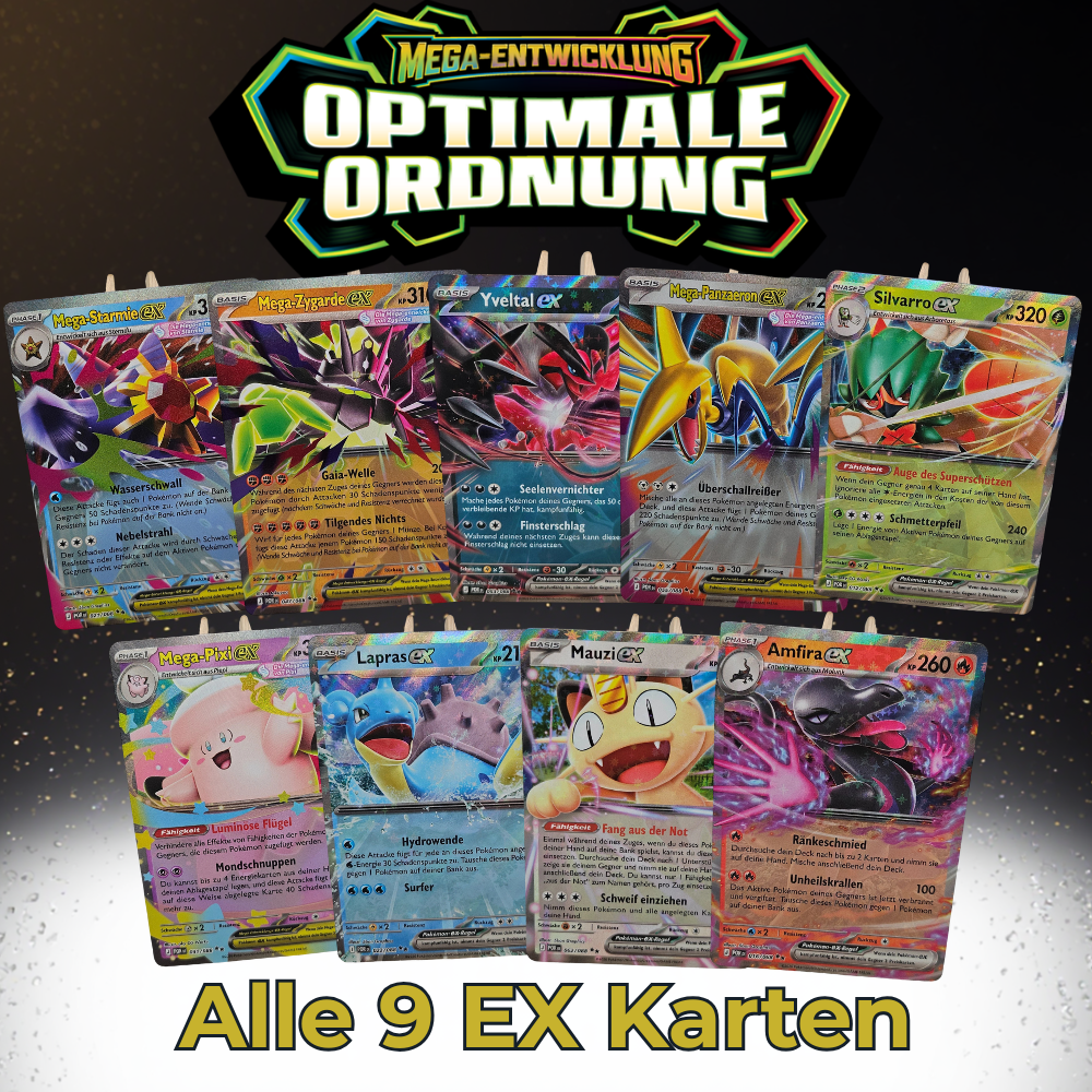Alle 9 Double Rare EX Karten aus Optimale Ordnung: Starmie Zygarde Yveltal Panzaeron Silvarro Pixi Lapras Mauzi Amfira