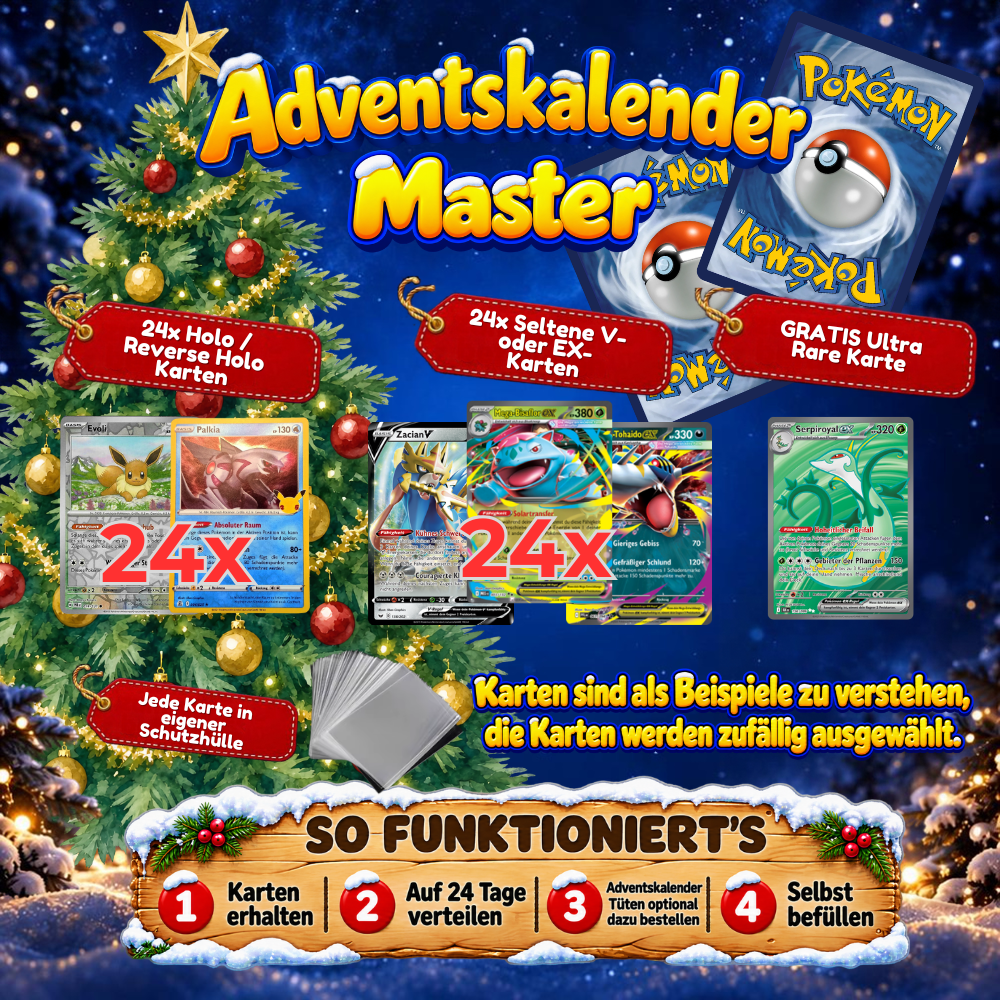 Pokemon Adventskalender Viele Glitzer Karten! + GRATIS EX o. V ! Pikachu Glurak Mübaland